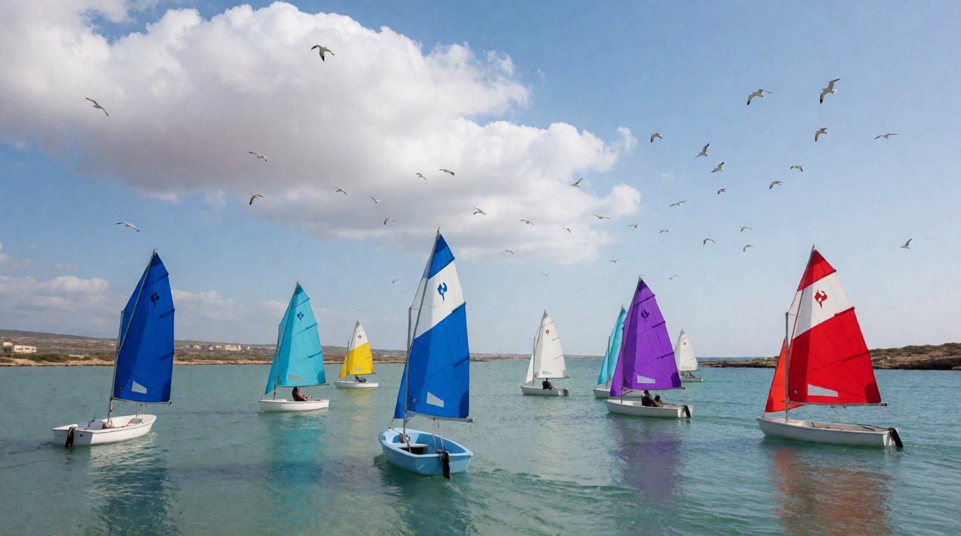 Una flota de pequeños barcos a vela compitiendo en la laguna (foto provisional)